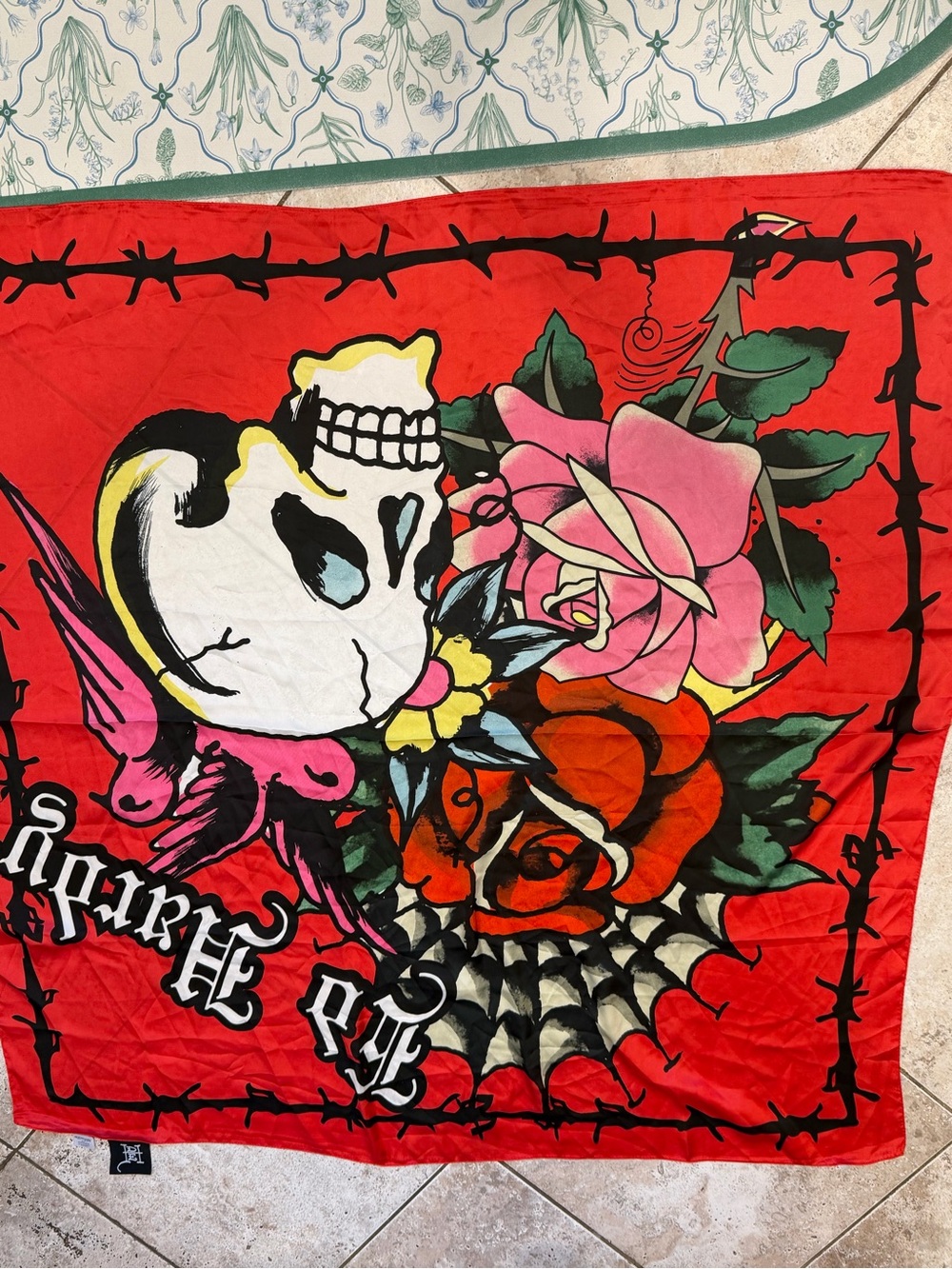 Ed Hardy Red Floral Skull Print Scarf